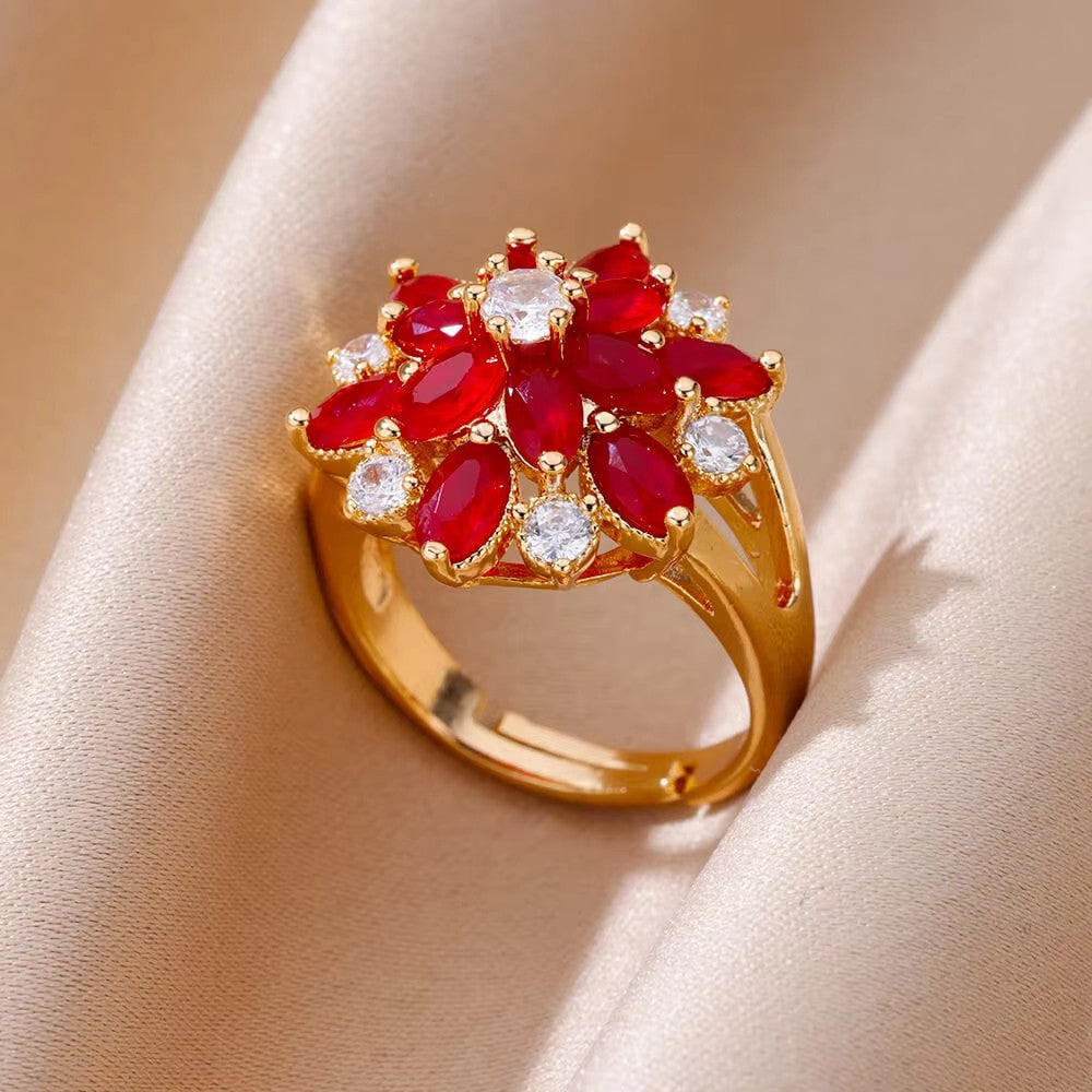 Luxury Stainless Steel Rings Gold Plated Colorful Stone Zircon Crystal Heart Ring For Women Wedding Boho Jewelry Christmas Gift