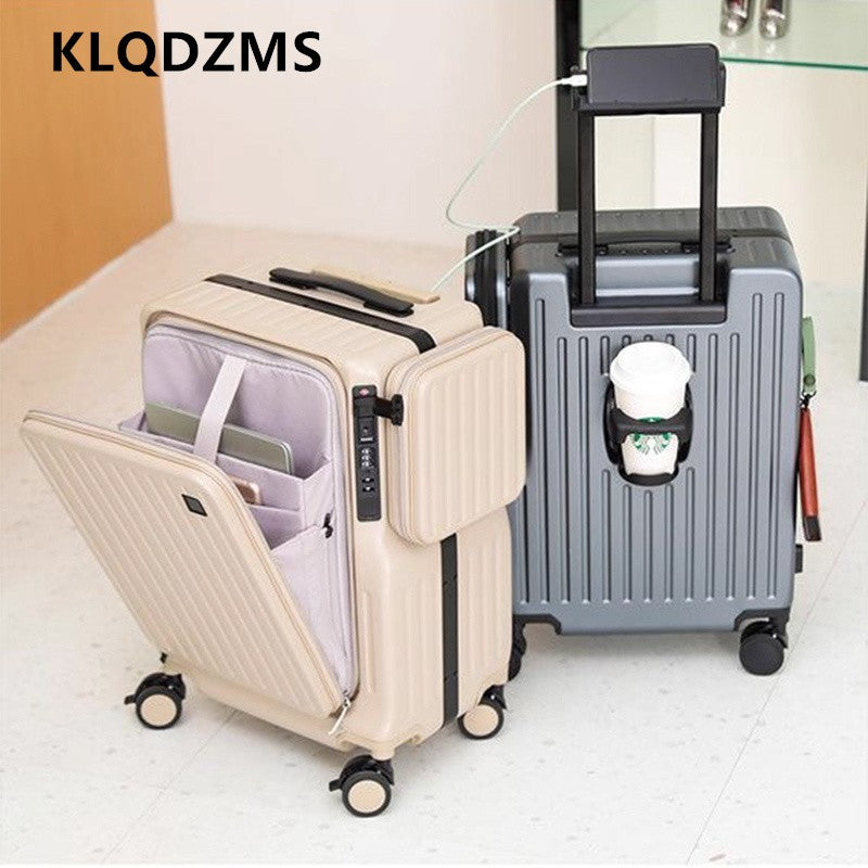 KLQDZMS Multifunctional Suitcase Front Opening Boarding Case USB Charging Trolley Case 20 Inch ABS + PC Laptop Cabin Luggage