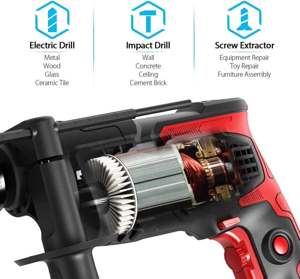 850W Hammer Drill with Variable Speed, Dual Function for Concrete and Wood Drilling