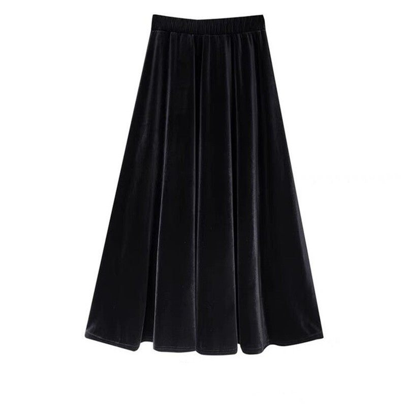 French Style Black Velvet Skirt For Women High Waist A-Line Velour Skirts Spring Autumn Simple High Street Long Skirts Plus Size