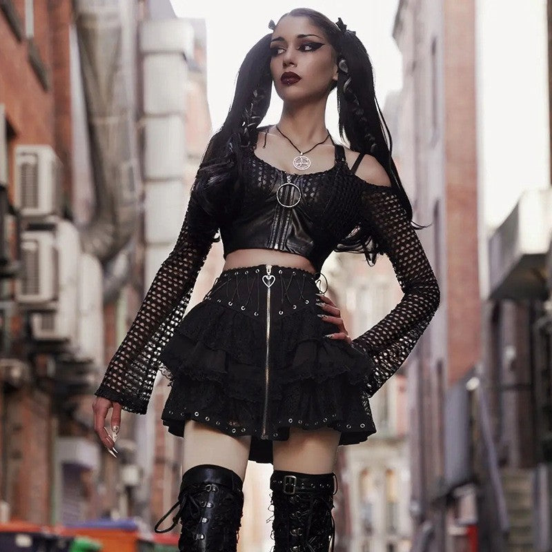 Zipper Front Women's Punk Vintage High Wasit Skirt Japanese Style Kawaii Black Harajuku Gothic Skater Cosplay Mini Skirts