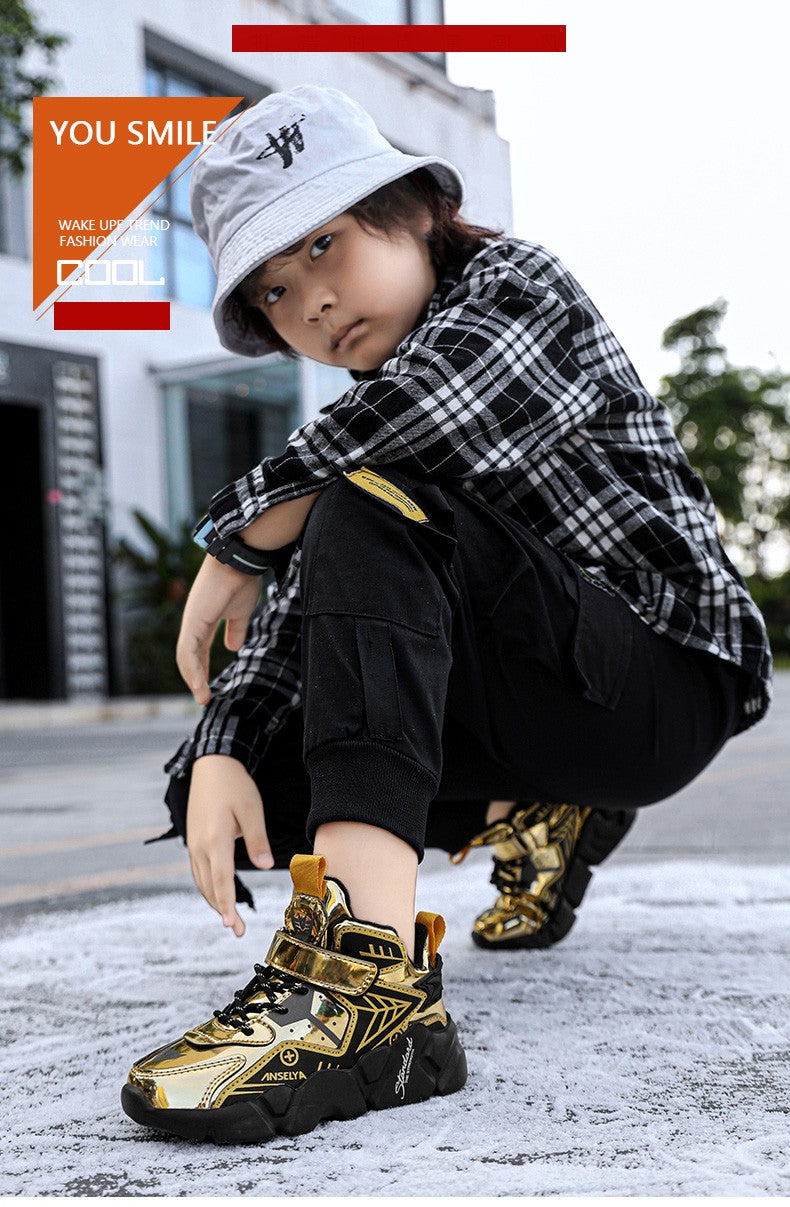 Winter Children's Fashion Sports Shoes Leather Boys' Running Sneakers Flat Casual Walking Shoes Warm Lightweight Outdoor Boots