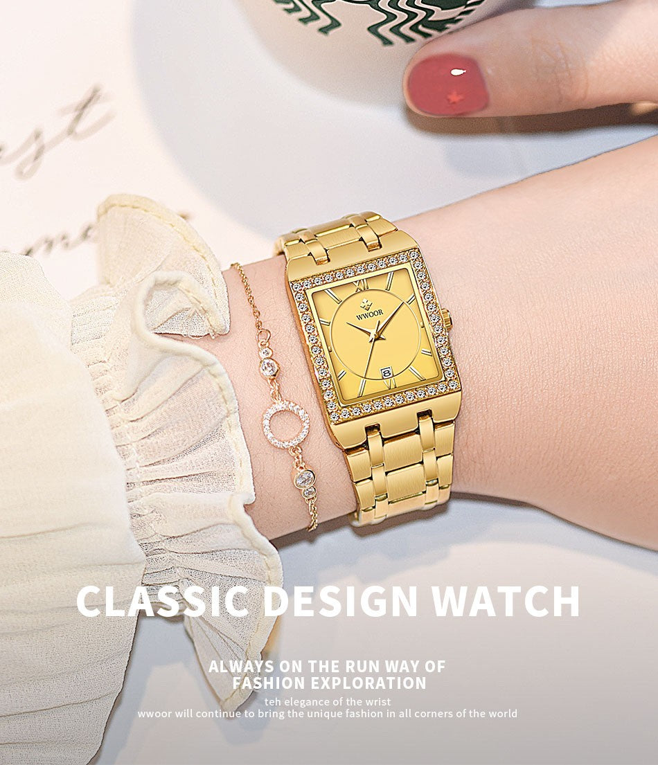 WWOOR Top Brand Luxury New Ladies Diamond Watch Fashion Square lady Wrist Watch Simple Women Dress Small Watch Relogio Feminino