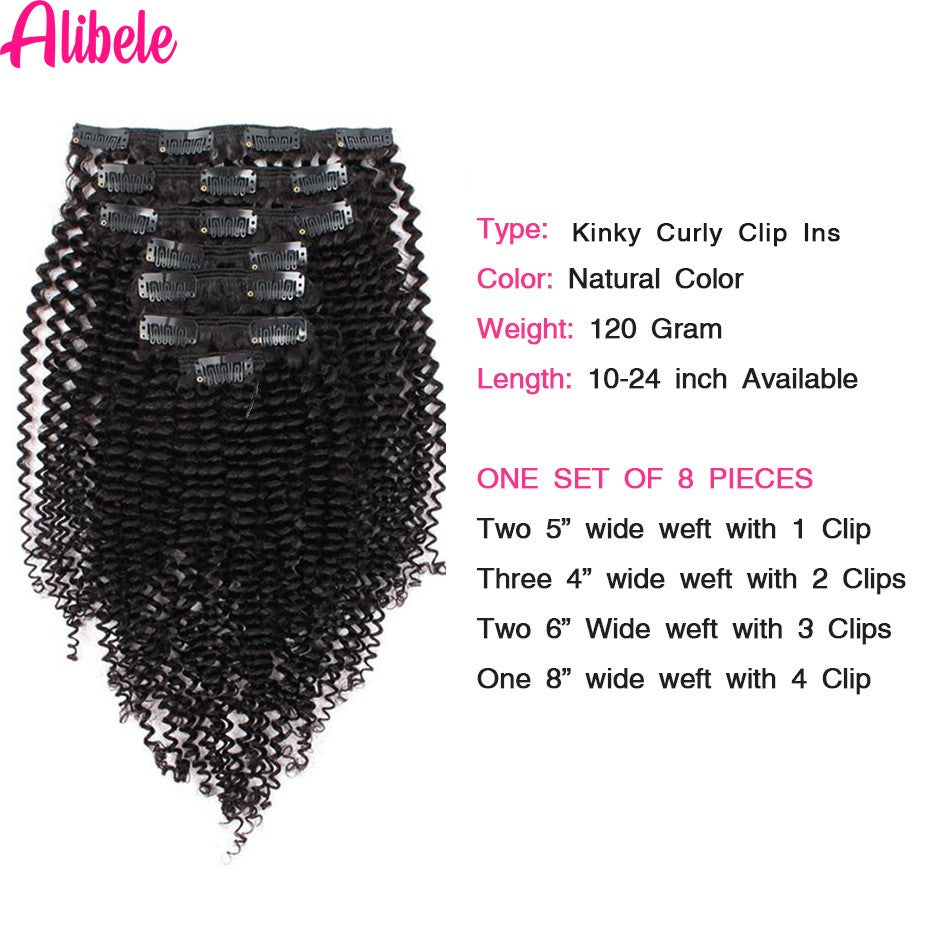 Alibele 4B 4C Afro Kinky Culy Clips In Human Hair Extensions Brazilian Remy Hair Clips in 120G 8Pcs/Set 10-28 Inches For Women