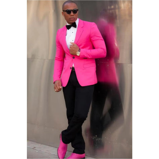 Mens Suit 2 Pieces Hot Pink Jacket Black Pant Two Buttons Groom Tuxedo Best Men Wedding Party Prom Suits Custom Made Blazer