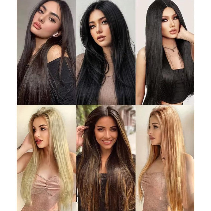 Synthetic long straight V-shaped half head wig suitable for women black brown hair clip gold black brown natural wig