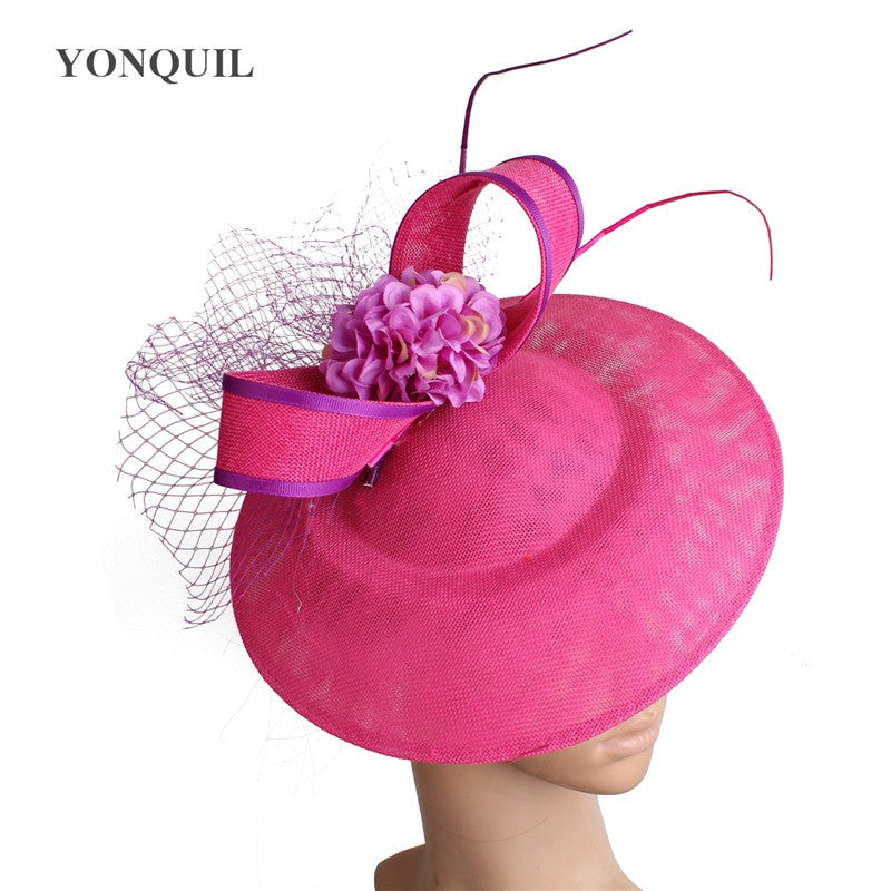 New Design Yellow With Purple Hair Fascinator Hat Headband Bridal Wedding Party Headpiece Mesh Ladies Occasion Hair Accessories