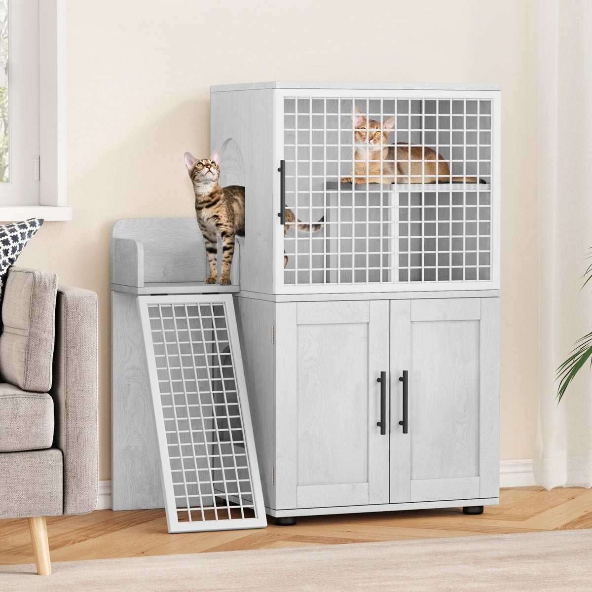 Cat Litter Box Enclosure with Platform,Double Layer Cat Litter Hidden Furniture,Cat Washroom Furniture,Cat House with Ladder