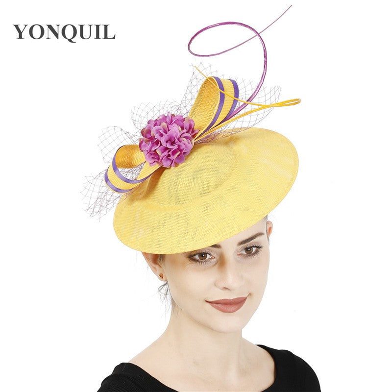 New Design Yellow With Purple Hair Fascinator Hat Headband Bridal Wedding Party Headpiece Mesh Ladies Occasion Hair Accessories