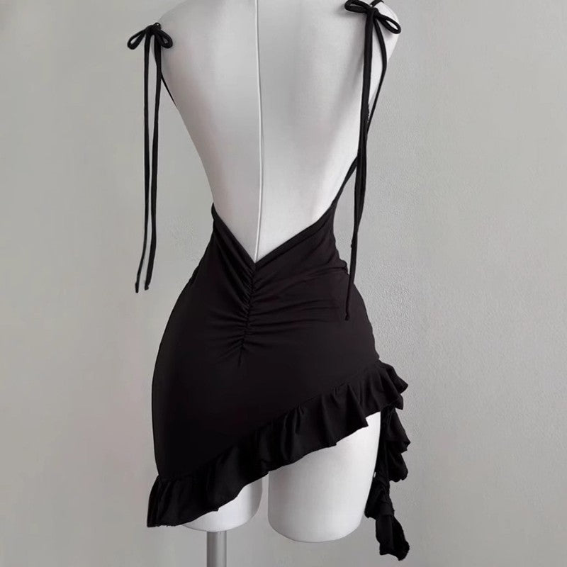 2025 Sexy Sleelveless Backless Mini Dress Women Summer Europe America Lace Up Bodycon Dresses High Street Party Club Black Dress