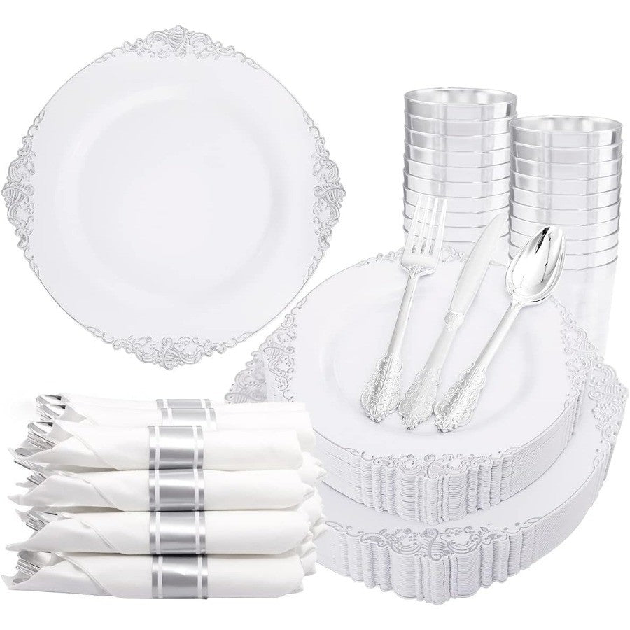 350PCS Silver Plastic Plates and PreRolled Napkins for 50 Guests Disposable Dinnerware Set with 100 Silver Disposable Plates 15