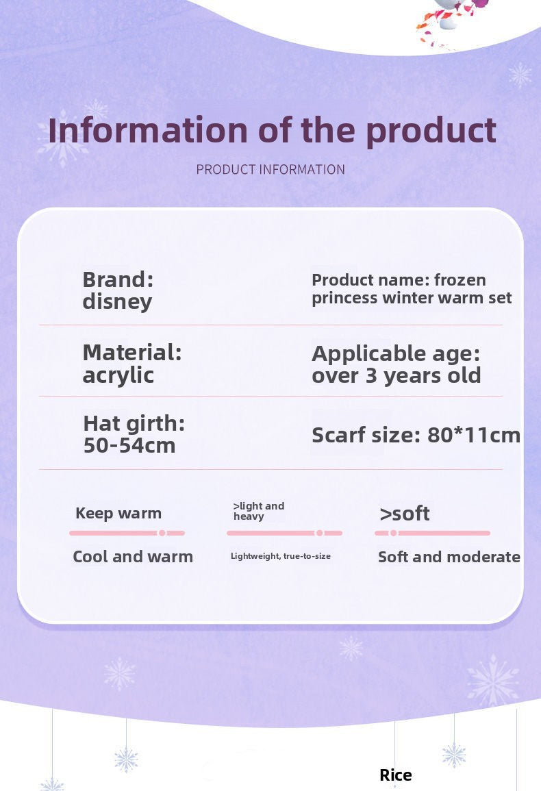 Disney Elsa Cartoon Cute Student Hat and Scarf Creative Kawaii Girls Princess Winter Warm Three-Piece Set Christmas Gift