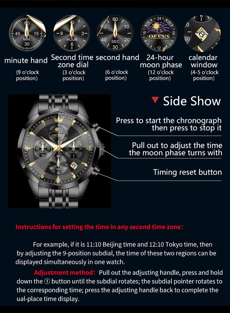 OLEVS Original Fashion Moon Phase Men's Watches Waterproof Chronograph Quartz Watch Stainless steel Calendar Brand Wristwatch