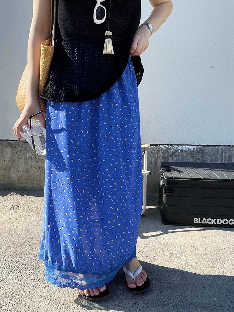 Ezgaga Skirts Women Elegant Floral Printed Lace Patchwork 2025 Summer Fashion Vintage Sweet Ladies Long Skirt Casual Chic