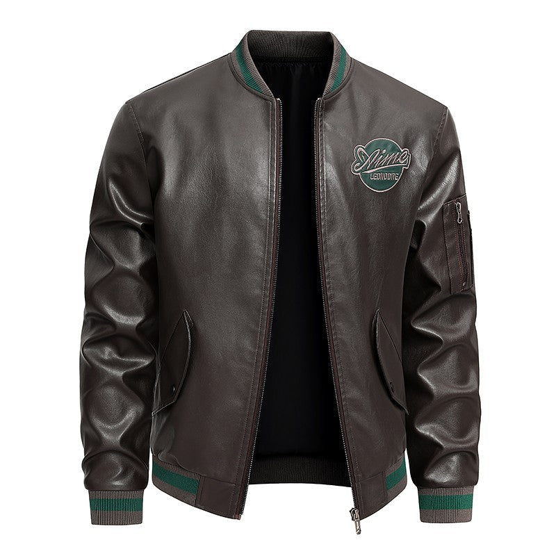 Men'S Baseball Jacket - Windproof Warm Coat with Zipper Closure, Brown & Green Accent Jacket, Non-Stretch Shell for Casual Outer