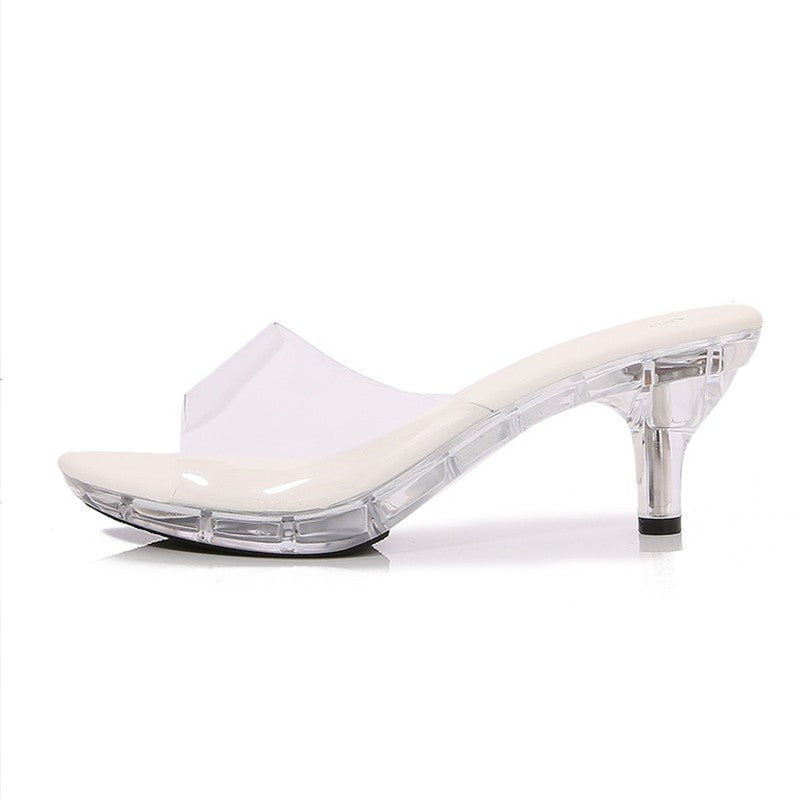 6CM Women's Kitten Heels Slides LED Light Sandals Nightclub Slim Heel Transparent Crystal Outside Slippers Tourist Beach Shoes