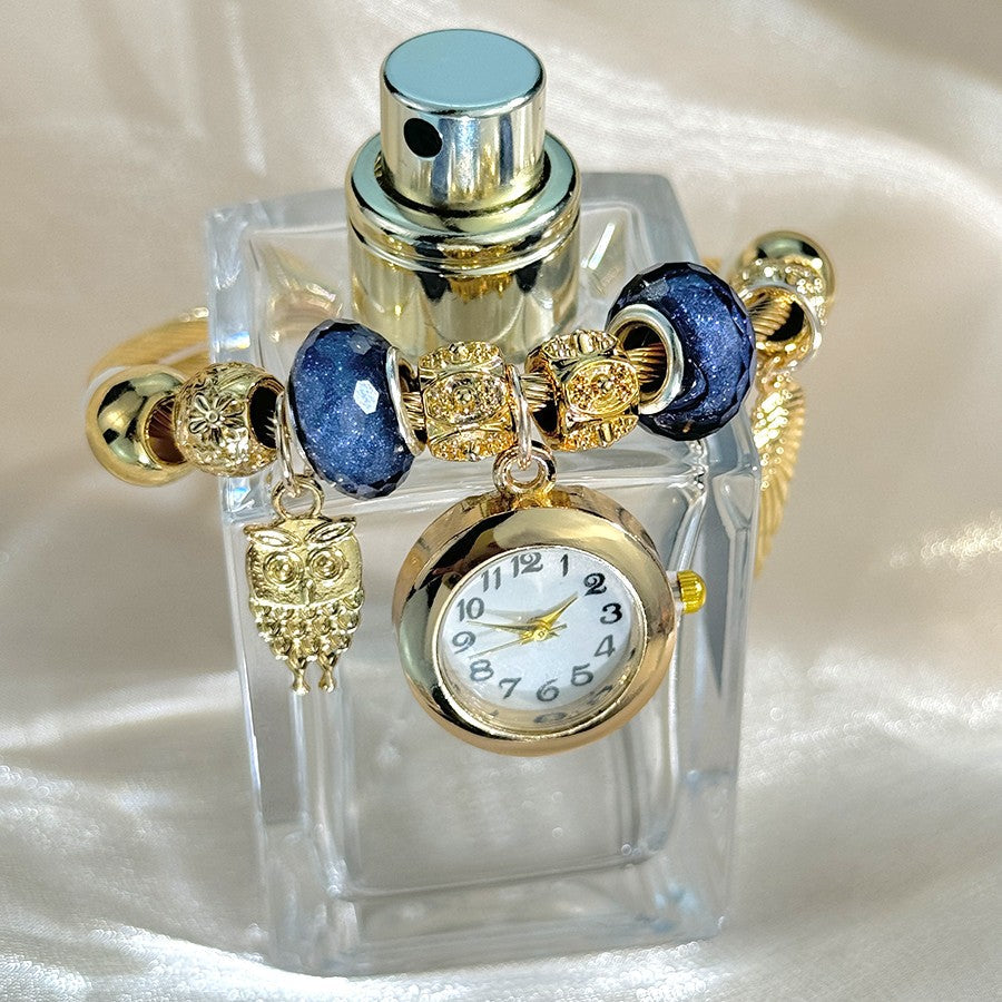 Cross-border Gold Bracelet Watch Adjustable opening Alloy bracelet Quartz Watch Beaded Small flower bracelet Watch