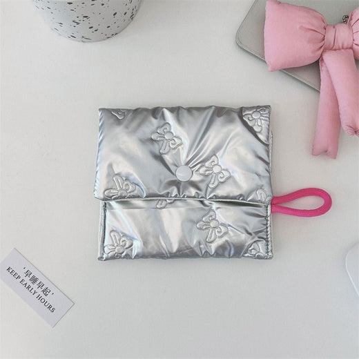 INS Style Silver Sanitary Mat Bag Zipper Button Change Purse Coins Keys Wallet Love Bow Credit Card Holder Cosmetics Napkin