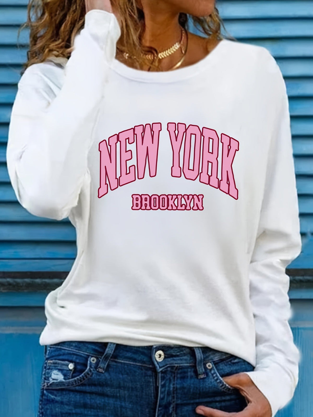 Women's autumn and winter 100% pure cotton fashionable casual Brooklyn New York printed loose round neck long sleeved T-shirt