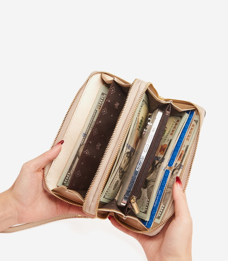 FOXER Split Leather Lady's Wallet Bifold Long Clutch Bag with Wristlet Fashion Card Holder Coin Purse Cellphone Money Bag
