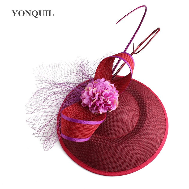 New Design Yellow With Purple Hair Fascinator Hat Headband Bridal Wedding Party Headpiece Mesh Ladies Occasion Hair Accessories