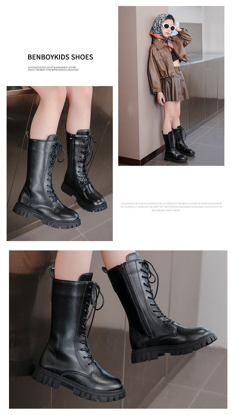 2025 Autumn/Winter Fashion Cool Baby Girls Warm Square Heel Round Toe Casual Lace-Up Comfortable Kids Black Mid Boots