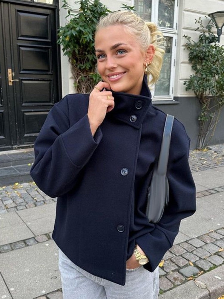 Elegant Stand Collar Woolen Jacket For Women Y2K Single Breasted Button Pockets Coat Lady 2025 Autumn Winter Street Chic Outwear