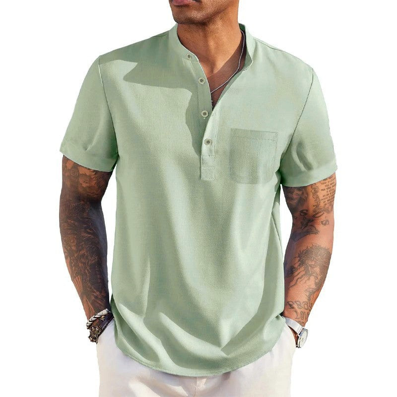 Summer Men's Cotton Linen T-Shirt Henley Neck Pocket Casual Lightweight Breathable Beach Shirt Solid Color Basic Style Tops
