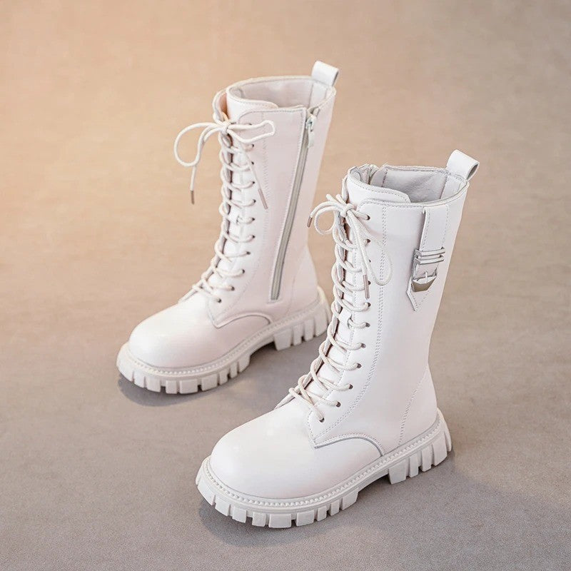 Elegant Zipper Baby Girl Casual Fashion Boots Autumn/winter Round Toe Warm Thick Sole Lace Comfortable Children's Midsole Boots