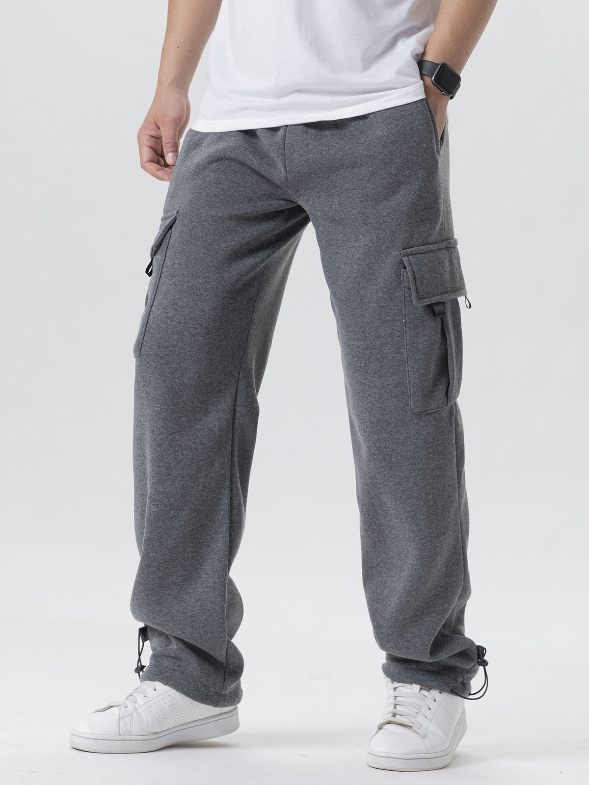 Mens Sweatpants Straight Fit Casual Pants Autumn Winter Men Running Jogger Sports Gym Trousers Solid Color Multi-pocket Pants
