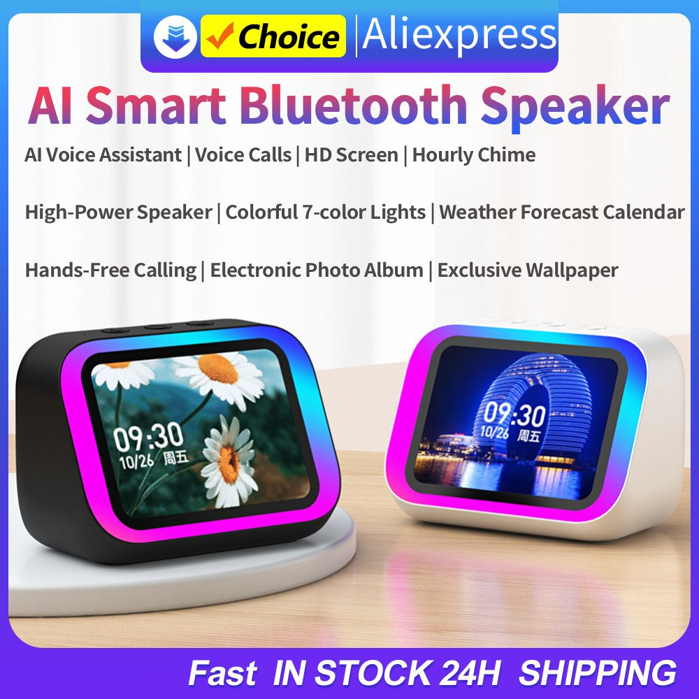 Smart Speaker Voice Assistant Portable Bluetooth Speaker Alarm Clock with HD Touch Screen Display Speaker for Bedroom Decor