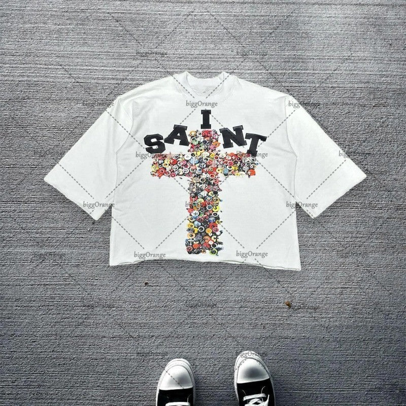 American Hip-hop Anime Print Oversized T-shirt Men Retro Trendy Streetwear Top Pure Cotton Round Neck Casual Loose Short Sleeves