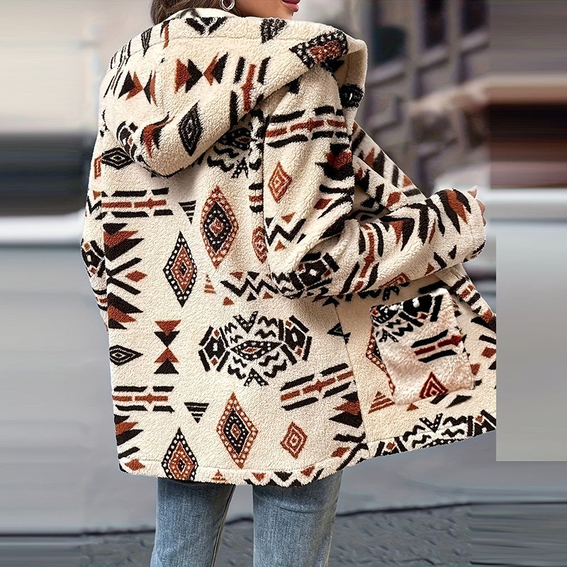 Autumn Winter Women Puff Breasted Warm Hoodies Jacket Women Casual Thick Plush Long Sleeve Coat Women Print Pocket Outerwear