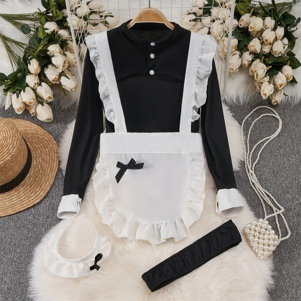 Role Student Complete Maid Cosplay School Costume Set Ruffle Cosplay Vacation Halloween Outfit Halter Dress Set Outfit Costume