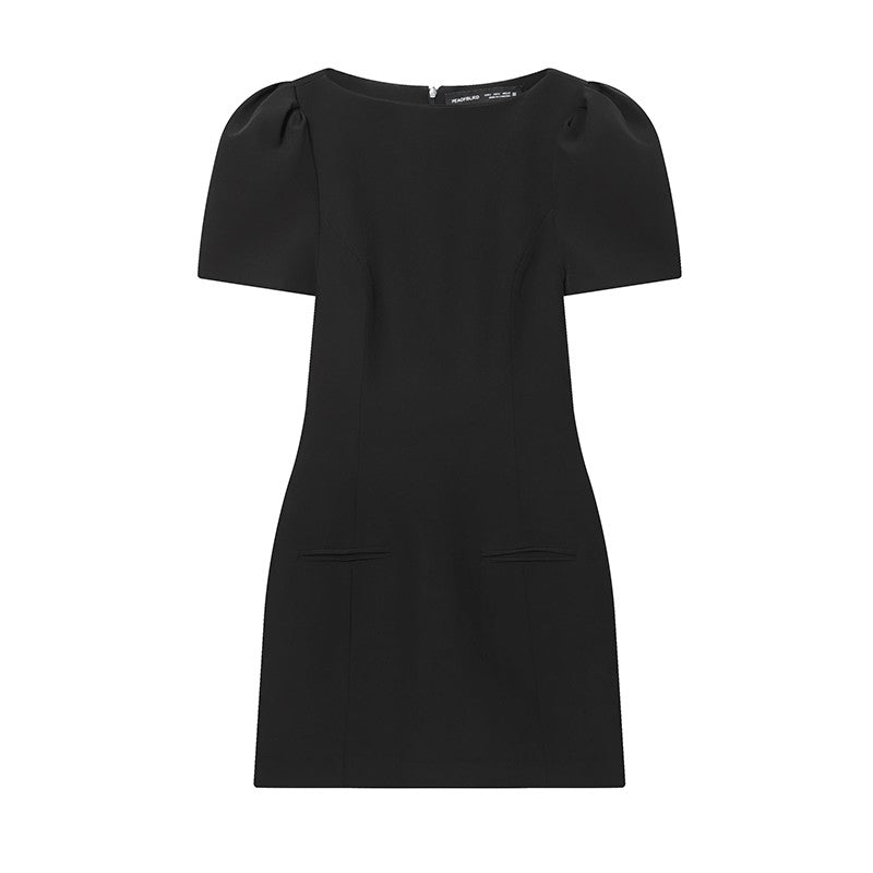 Women's black short puff sleeve mini dress with a stylish boat neckline design and pocket details, suitable for elegant occasion
