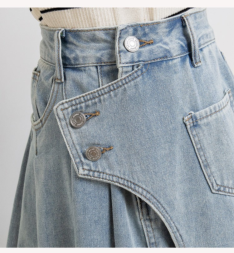 Plus Size Denim A Line Skirt With Lining 2024 Summer New Korean Fashion Pleated Midi Jean Skirt Woman Blue Color Jeans Skirts