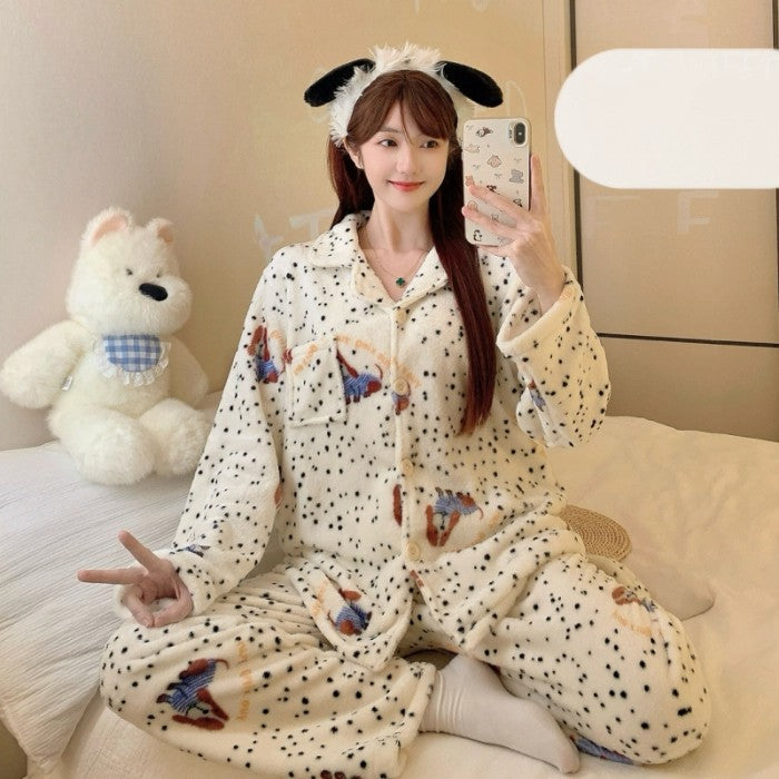 Winter Pajamas Lapel Neck Women's Pajamas Long Sleeve Kawaii Dog Warm Sleepwear Harajuku Style Cute Casual Pajamas Two-Piece