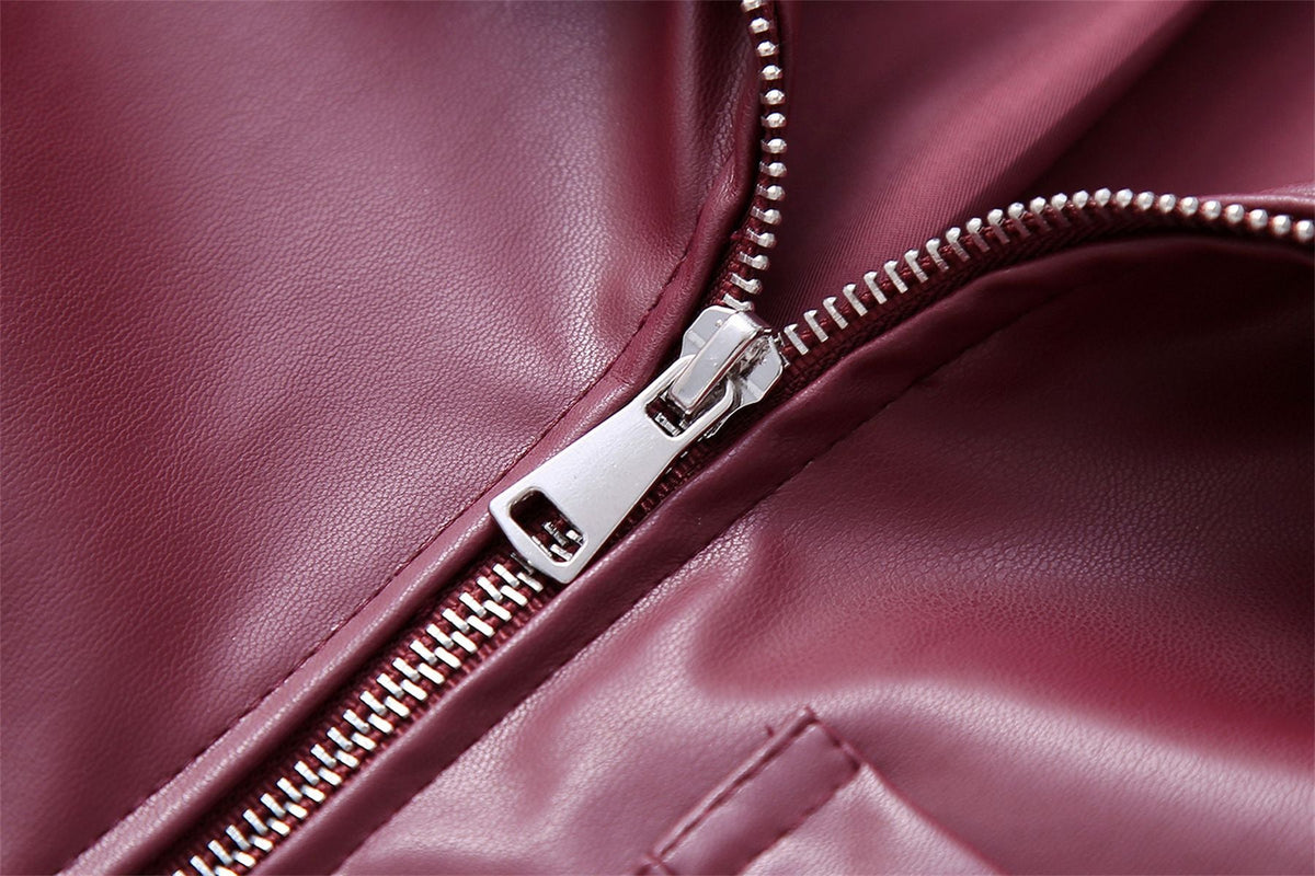Women Vintage Wine Red Faux Leather Jakcet Fashion Outerwear Zipper Lapel Pu Coats Autumn Winter Streetwear Ladies Short Tops