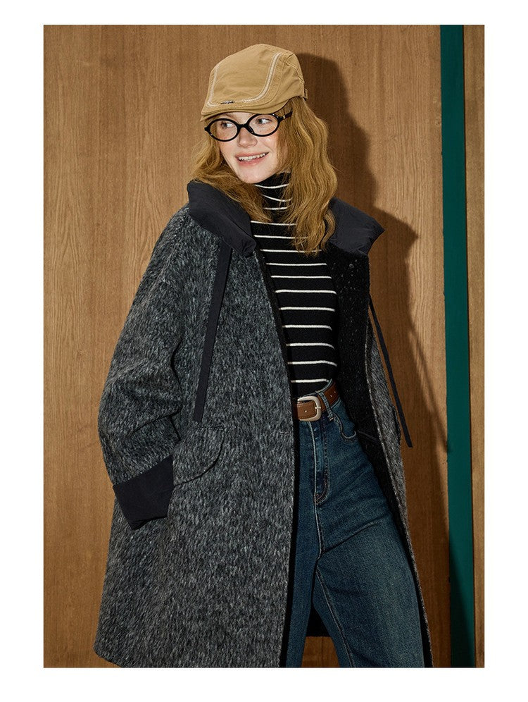 2025 Winter Women's Long Trench Coat Double Faced Wool Blend Parka Unique Patchwork Design Warm Down Filled Overcoat Outerwear