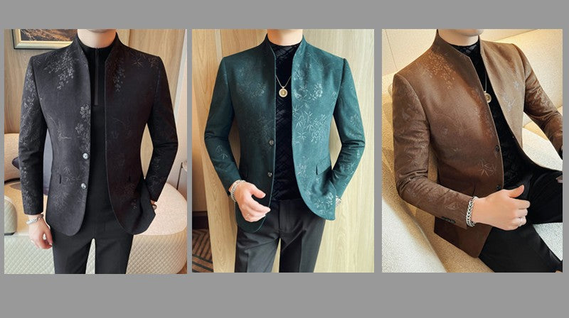 Men's New Chinese Stand Collar Blazer Jacket 2025 Fashion Elegant Printed Slim Fit Business Suits Jacket Tailcoat Men Clothing