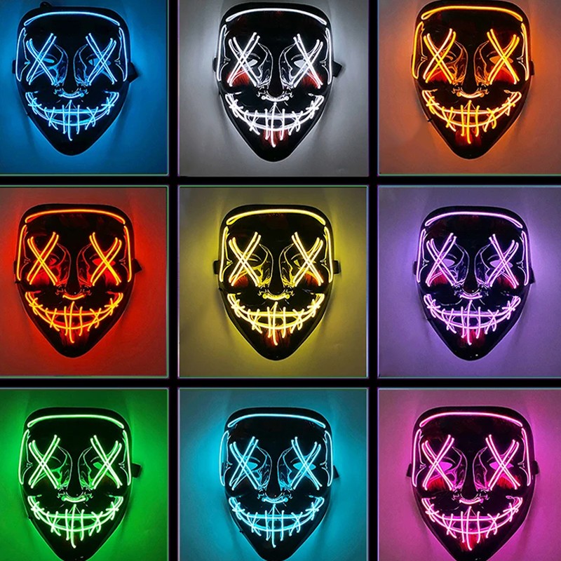 Wireless LED Neon Purge Mask & Fiber Optic Gloves, Scary Glow In Dark Mask for Halloween Carnival Cosplay Bar Birthday Party
