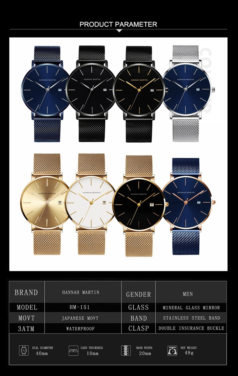 Classic Bauhaus Design Men Watch Dark Blue Japan Quartz Waterproof Stainless Steel Fashion Business Calendar Ultra Thin Watches