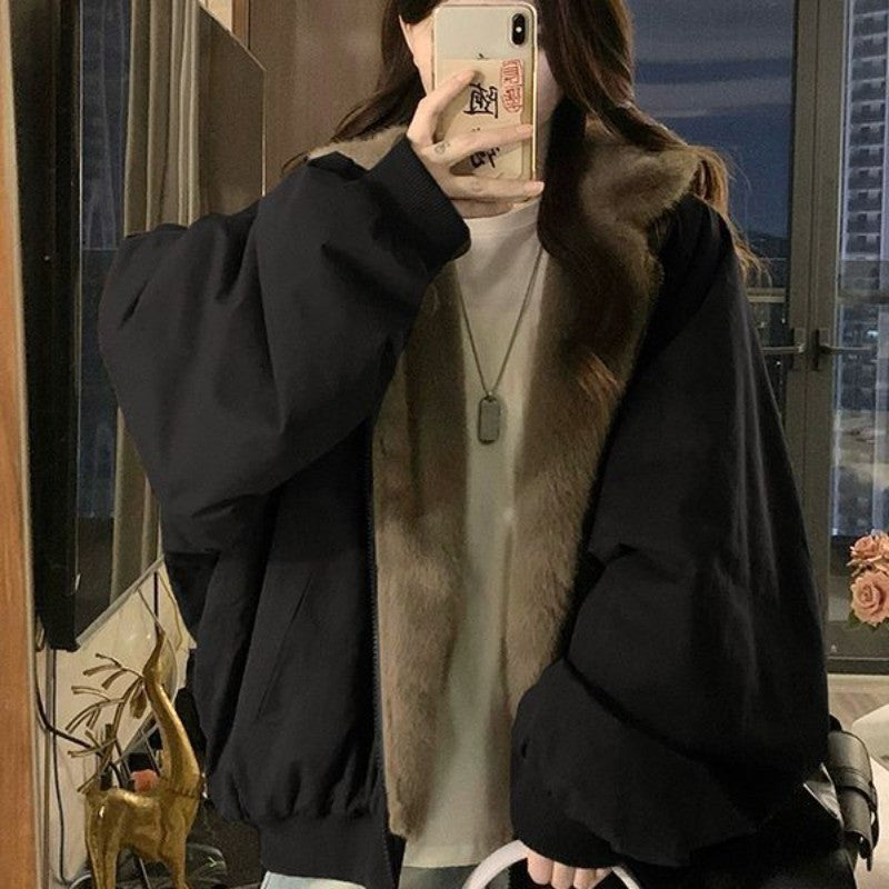American Retro Reversible Velvet Zipper Hooded Jacket Women Winter Fashion Street Thick Loose Warm Harajuku Casual Plush Jacket