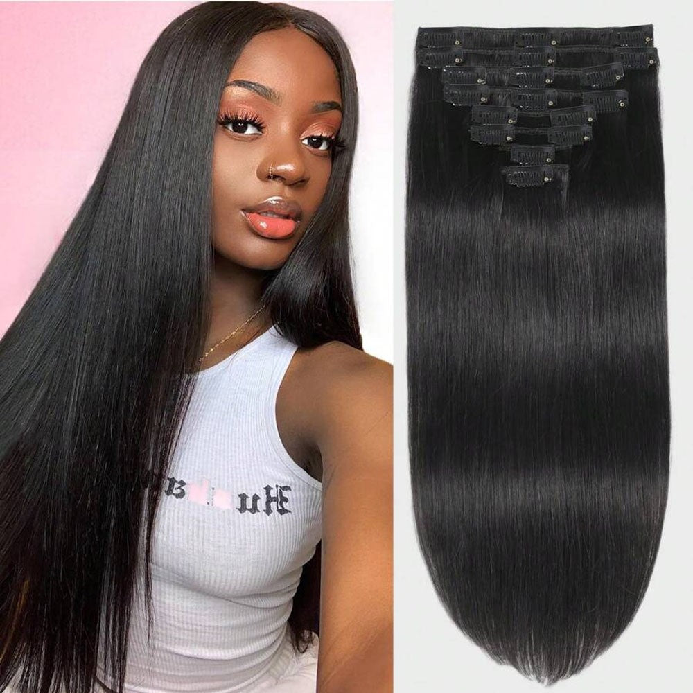 24 Inch 250 % Density Clip In Hair Extensions Real Human Remy Black For Women Invisible Natural Straight Seamless 8pcs 100g