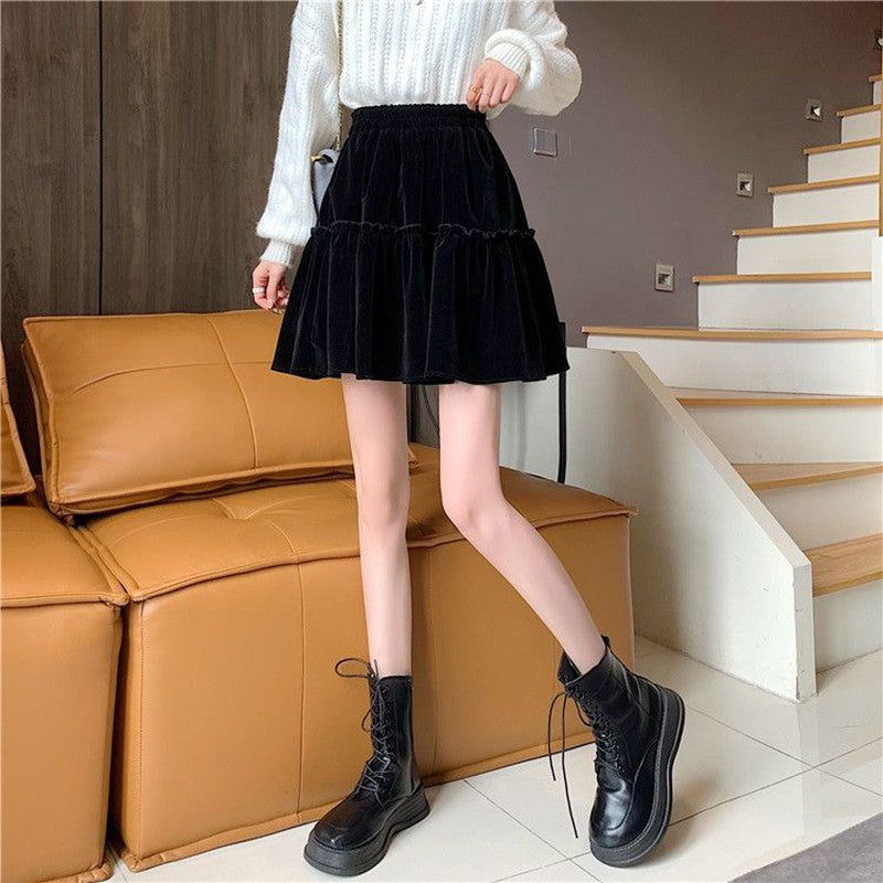 Black Velvet Patchwork Mini Skirt Women Sweet Solid A Line High Waist Skirt Fashion Pretty Style Pleated Summer Student Skirt