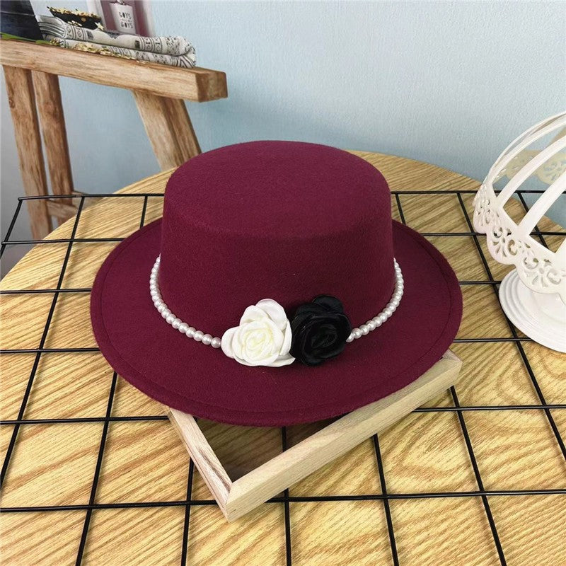 Women's Floral Chain Fedora High Fashion with Pearl Pins Bump Cap Black White Autumen Winter Ladies Fedoras Wide Brim Girl Hat
