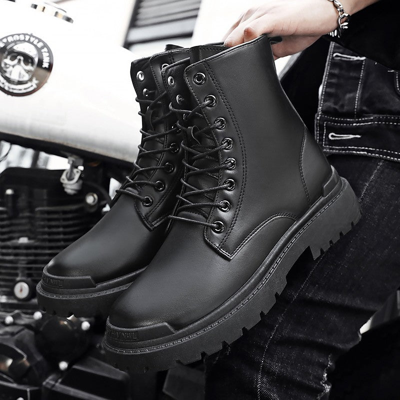 Black Men's Casual Leather Boots Fashion Winter Men Work Boot Mens Shoes Non-slip Designer High Top Ankle Boots Motorcycle Shoes