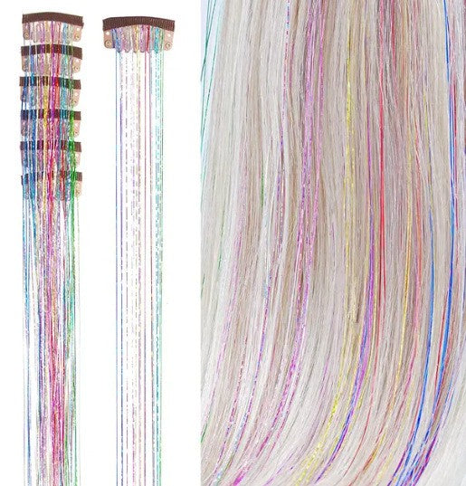 6Pcs 50cm Sparking Shiny Hair Tinsel Hair Extensions Tinsel Synthetic Hair Clip Extensions Women for Braiding Headdress