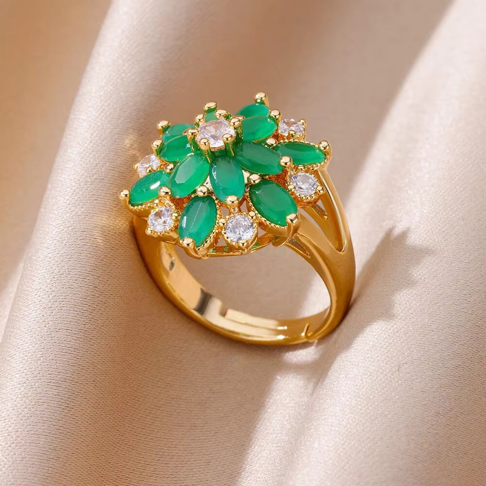 Luxury Stainless Steel Rings Gold Plated Colorful Stone Zircon Crystal Heart Ring For Women Wedding Boho Jewelry Christmas Gift
