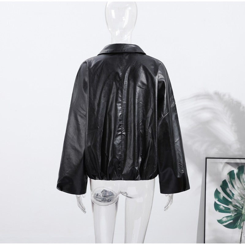Street Stand Collar Women's Leather Jacket Loose Long Sleeve Zipper Pockets Chic Female Coats 2025 Autumn Winter Lady Outerwear
